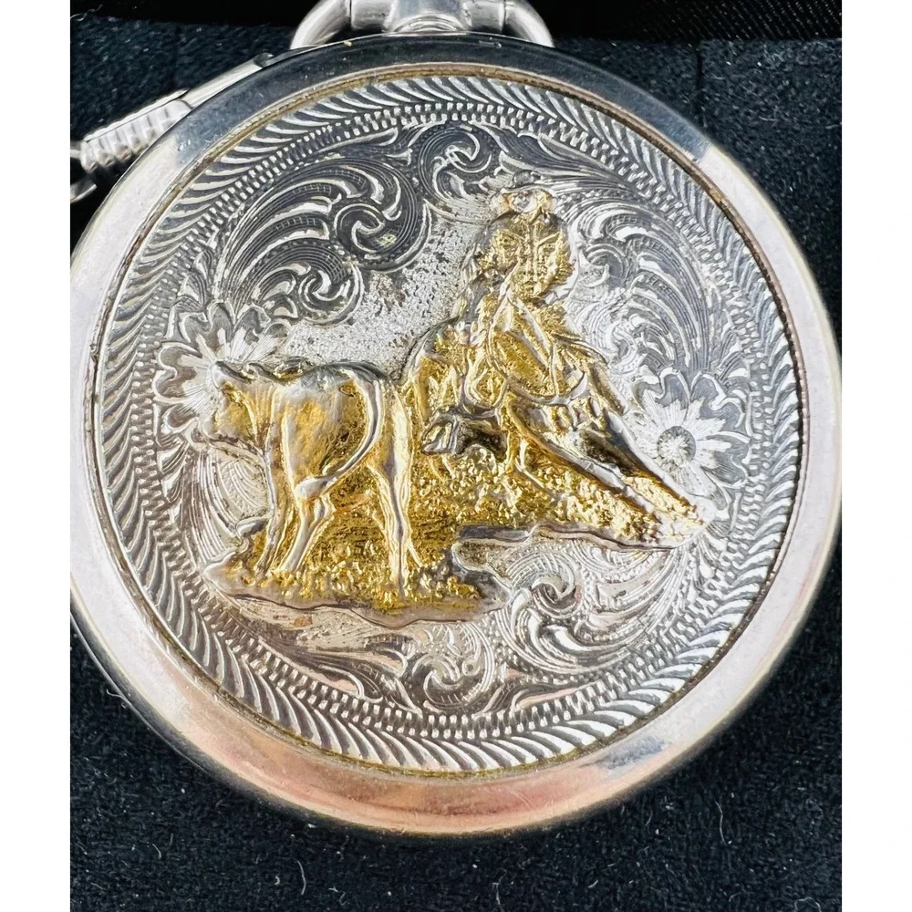 Montana Silversmiths Cowboy Pocket Watch Silver Gold Tone Western Quartz